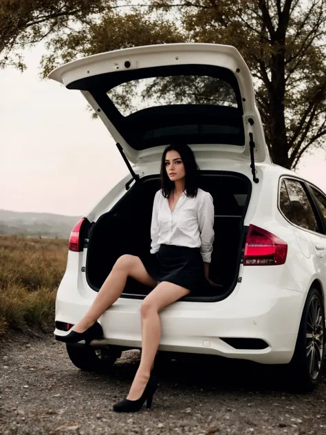 InTheTrunkSitting, 1girl, solo, long dark hair, red eyes, short skirt, white shirt, looking at viewer, trunk, <lora:InTheTrunkSitting:0.6>