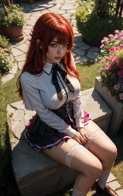((masterpiece, best quality)), insaneres, absurdres, solo, looking at viewer,
ANIME_DxD_Rias_Gremory_ownwaifu,
1girl, bangs, long hair, red hair, breasts, large breasts, rias gremory, blue eyes, hair between eyes, very long hair, collarbone, hair intakes, hair over breasts,
black capelet, black corset, collared shirt, kuoh academy school uniform, layered skirt, underbust, school uniform, skirt, shirt, long sleeves, purple skirt, ribbon, miniskirt, neck ribbon, thighhighs, black ribbon,
(from above, sitting)<lora:ANIME_DxD_Rias_Gremory_ownwaifu:0.9>,
depth of field, vanishing point, garden, sidelighting,