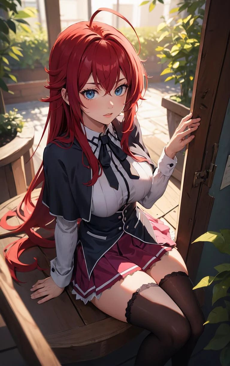 ((masterpiece, best quality)), insaneres, absurdres, solo, looking at viewer,
ANIME_DxD_Rias_Gremory_ownwaifu,
1girl, bangs, long hair, red hair, breasts, large breasts, rias gremory, blue eyes, hair between eyes, very long hair, collarbone, hair intakes, hair over breasts,
black capelet, black corset, collared shirt, kuoh academy school uniform, layered skirt, underbust, school uniform, skirt, shirt, long sleeves, purple skirt, ribbon, miniskirt, neck ribbon, thighhighs, black ribbon,
(from above, sitting)<lora:ANIME_DxD_Rias_Gremory_ownwaifu:0.9>,
depth of field, vanishing point, garden, sidelighting,