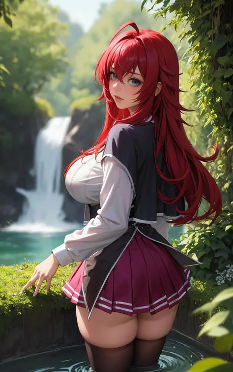 ((masterpiece, best quality)), insaneres, absurdres, solo, looking at viewer, 
ANIME_DxD_Rias_Gremory_ownwaifu, 
1girl, bangs, long hair, red hair, breasts, large breasts, rias gremory, blue eyes, hair between eyes, very long hair, collarbone, hair intakes,  hair over breasts, 
black capelet, black corset, collared shirt, kuoh academy school uniform, layered skirt, underbust, school uniform, skirt, shirt, long sleeves, purple skirt, ribbon, miniskirt, neck ribbon, thighhighs, black ribbon, 
(wading, looking back), waterfall, <lora:ANIME_DxD_Rias_Gremory_ownwaifu:0.75>,
 depth of field, vanishing point, garden, sidelighting,