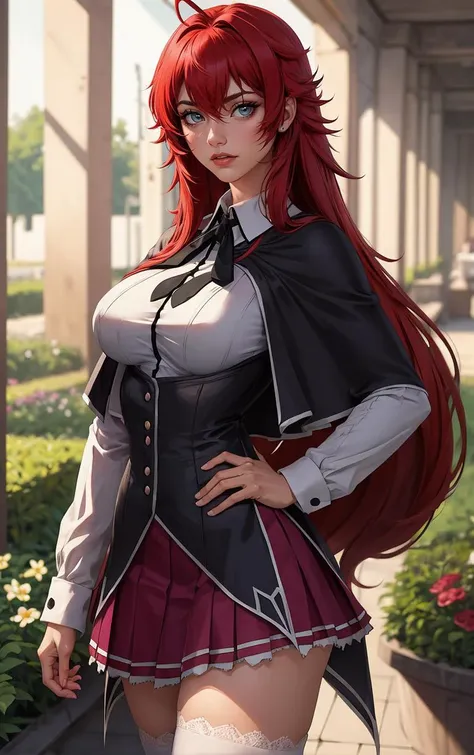 ((masterpiece, best quality)), insaneres, absurdres, solo, looking at viewer, 
ANIME_DxD_Rias_Gremory_ownwaifu, 
1girl, bangs, long hair, red hair, breasts, large breasts, rias gremory, blue eyes, hair between eyes, very long hair, collarbone, hair intakes,  hair over breasts, 
black capelet, black corset, collared shirt, kuoh academy school uniform, layered skirt, underbust, school uniform, skirt, shirt, long sleeves, purple skirt, ribbon, miniskirt, neck ribbon, thighhighs, black ribbon, 
(portrait, close-up)<lora:ANIME_DxD_Rias_Gremory_ownwaifu:0.8>,
 depth of field, vanishing point, garden, sidelighting,