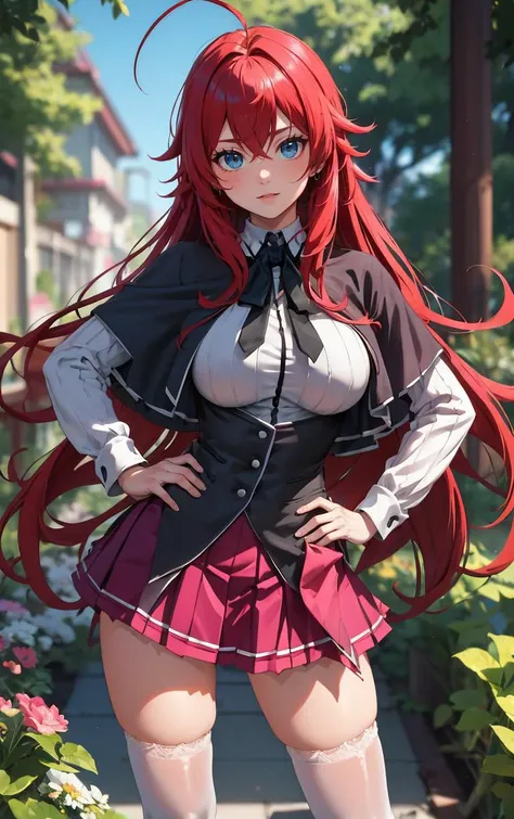 ((masterpiece, best quality)), insaneres, absurdres, solo, looking at viewer, 
ANIME_DxD_Rias_Gremory_ownwaifu, 
1girl, bangs, long hair, red hair, breasts, large breasts, rias gremory, blue eyes, hair between eyes, very long hair, collarbone, hair intakes,  hair over breasts, 
black capelet, black corset, collared shirt, kuoh academy school uniform, layered skirt, underbust, school uniform, skirt, shirt, long sleeves, purple skirt, ribbon, miniskirt, neck ribbon, thighhighs, black ribbon, 
(contrapposto, hand on hip)<lora:ANIME_DxD_Rias_Gremory_ownwaifu:1>,
 depth of field, vanishing point, garden, sidelighting,