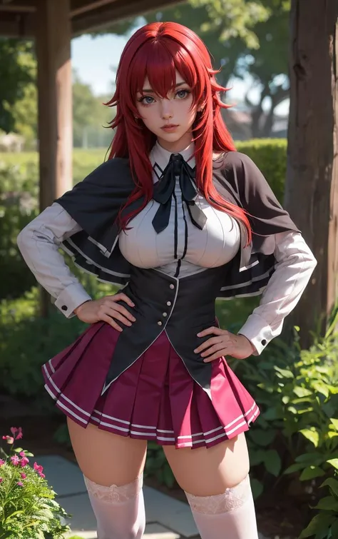 ((masterpiece, best quality)), insaneres, absurdres, solo, looking at viewer, 
ANIME_DxD_Rias_Gremory_ownwaifu, 
1girl, bangs, long hair, red hair, breasts, large breasts, rias gremory, blue eyes, hair between eyes, very long hair, collarbone, hair intakes,  hair over breasts, 
black capelet, black corset, collared shirt, kuoh academy school uniform, layered skirt, underbust, school uniform, skirt, shirt, long sleeves, purple skirt, ribbon, miniskirt, neck ribbon, thighhighs, black ribbon, 
(from above, sitting)depth of field, vanishing point, garden, sidelighting,
