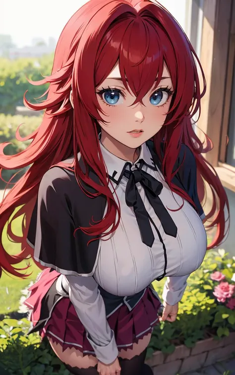 ((masterpiece, best quality)), insaneres, absurdres, solo, looking at viewer, 
ANIME_DxD_Rias_Gremory_ownwaifu, 
1girl, bangs, long hair, red hair, breasts, large breasts, rias gremory, blue eyes, hair between eyes, very long hair, collarbone, hair intakes,  hair over breasts, 
black capelet, black corset, collared shirt, kuoh academy school uniform, layered skirt, underbust, school uniform, skirt, shirt, long sleeves, purple skirt, ribbon, miniskirt, neck ribbon, thighhighs, black ribbon, 
(portrait, close-up)<lora:ANIME_DxD_Rias_Gremory_ownwaifu:0.8>,
 depth of field, vanishing point, garden, sidelighting,