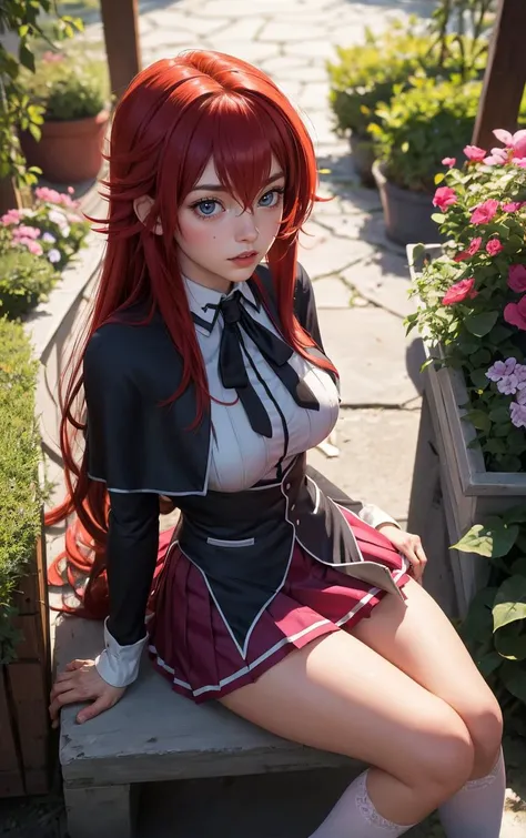 ((masterpiece, best quality)), insaneres, absurdres, solo, looking at viewer,
ANIME_DxD_Rias_Gremory_ownwaifu,
1girl, bangs, long hair, red hair, breasts, large breasts, rias gremory, blue eyes, hair between eyes, very long hair, collarbone, hair intakes, hair over breasts,
black capelet, black corset, collared shirt, kuoh academy school uniform, layered skirt, underbust, school uniform, skirt, shirt, long sleeves, purple skirt, ribbon, miniskirt, neck ribbon, thighhighs, black ribbon,
(from above, sitting)<lora:ANIME_DxD_Rias_Gremory_ownwaifu:0.9>,
depth of field, vanishing point, garden, sidelighting,