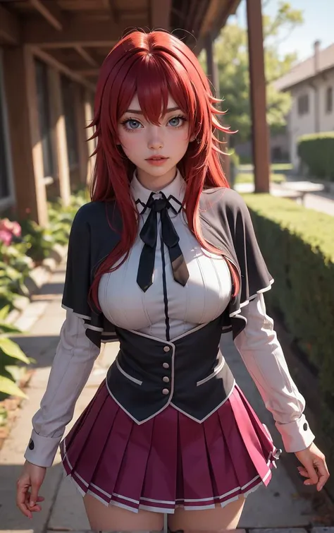 ((masterpiece, best quality)), insaneres, absurdres, solo, looking at viewer, 
ANIME_DxD_Rias_Gremory_ownwaifu, 
1girl, bangs, long hair, red hair, breasts, large breasts, rias gremory, blue eyes, hair between eyes, very long hair, collarbone, hair intakes,  hair over breasts, 
black capelet, black corset, collared shirt, kuoh academy school uniform, layered skirt, underbust, school uniform, skirt, shirt, long sleeves, purple skirt, ribbon, miniskirt, neck ribbon, thighhighs, black ribbon, 
<lora:ANIME_DxD_Rias_Gremory_ownwaifu:0.9> 
 depth of field, vanishing point, garden, sidelighting,