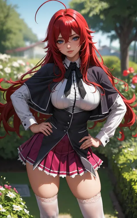 ((masterpiece, best quality)), insaneres, absurdres, solo, looking at viewer, 
ANIME_DxD_Rias_Gremory_ownwaifu, 
1girl, bangs, long hair, red hair, breasts, large breasts, rias gremory, blue eyes, hair between eyes, very long hair, collarbone, hair intakes,  hair over breasts, 
black capelet, black corset, collared shirt, kuoh academy school uniform, layered skirt, underbust, school uniform, skirt, shirt, long sleeves, purple skirt, ribbon, miniskirt, neck ribbon, thighhighs, black ribbon, 
(contrapposto, hand on hip)<lora:ANIME_DxD_Rias_Gremory_ownwaifu:1>,
 depth of field, vanishing point, garden, sidelighting,