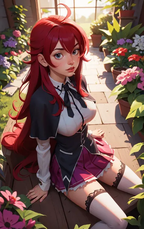 ((masterpiece, best quality)), insaneres, absurdres, solo, looking at viewer, 
ANIME_DxD_Rias_Gremory_ownwaifu, 
1girl, bangs, long hair, red hair, breasts, large breasts, rias gremory, blue eyes, hair between eyes, very long hair, collarbone, hair intakes,  hair over breasts, 
black capelet, black corset, collared shirt, kuoh academy school uniform, layered skirt, underbust, school uniform, skirt, shirt, long sleeves, purple skirt, ribbon, miniskirt, neck ribbon, thighhighs, black ribbon, 
(from above, sitting)<lora:ANIME_DxD_Rias_Gremory_ownwaifu:0.9>,
 depth of field, vanishing point, garden, sidelighting,