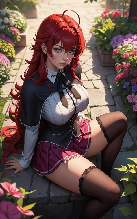 ((masterpiece, best quality)), insaneres, absurdres, solo, looking at viewer, 
ANIME_DxD_Rias_Gremory_ownwaifu, 
1girl, bangs, long hair, red hair, breasts, large breasts, rias gremory, blue eyes, hair between eyes, very long hair, collarbone, hair intakes,  hair over breasts, 
black capelet, black corset, collared shirt, kuoh academy school uniform, layered skirt, underbust, school uniform, skirt, shirt, long sleeves, purple skirt, ribbon, miniskirt, neck ribbon, thighhighs, black ribbon, 
(from above, sitting)<lora:ANIME_DxD_Rias_Gremory_ownwaifu:0.9>,
 depth of field, vanishing point, garden, sidelighting,