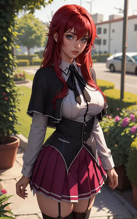 ((masterpiece, best quality)), insaneres, absurdres, solo, looking at viewer, 
ANIME_DxD_Rias_Gremory_ownwaifu, 
1girl, bangs, long hair, red hair, breasts, large breasts, rias gremory, blue eyes, hair between eyes, very long hair, collarbone, hair intakes,  hair over breasts, 
black capelet, black corset, collared shirt, kuoh academy school uniform, layered skirt, underbust, school uniform, skirt, shirt, long sleeves, purple skirt, ribbon, miniskirt, neck ribbon, thighhighs, black ribbon, 
<lora:ANIME_DxD_Rias_Gremory_ownwaifu:0.8> 
 depth of field, vanishing point, garden, sidelighting,