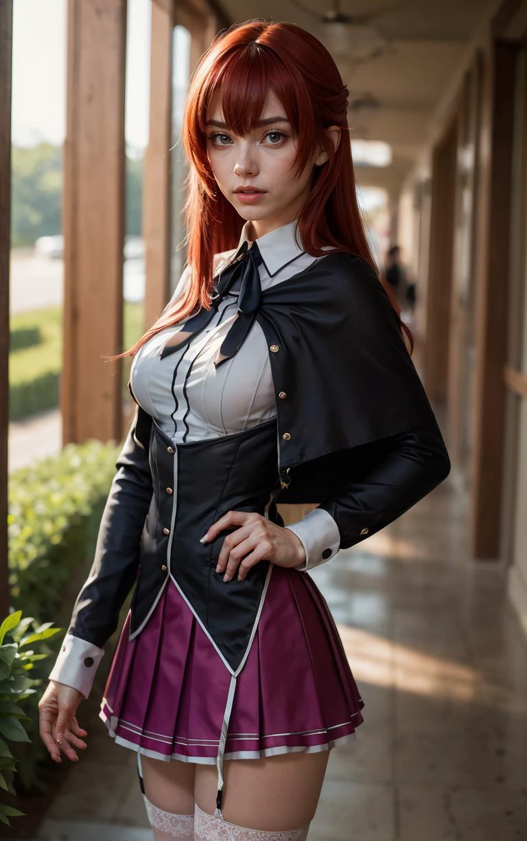 ((masterpiece, best quality)), insaneres, absurdres, solo, looking at viewer,
ANIME_DxD_Rias_Gremory_ownwaifu,
1girl, bangs, long hair, red hair, breasts, large breasts, rias gremory, blue eyes, hair between eyes, very long hair, collarbone, hair intakes, hair over breasts,
black capelet, black corset, collared shirt, kuoh academy school uniform, layered skirt, underbust, school uniform, skirt, shirt, long sleeves, purple skirt, ribbon, miniskirt, neck ribbon, thighhighs, black ribbon,
(portrait, close-up)<lora:ANIME_DxD_Rias_Gremory_ownwaifu:0.8>,
depth of field, vanishing point, garden, sidelighting,