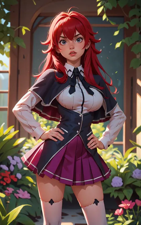 ((masterpiece, best quality)), insaneres, absurdres, solo, looking at viewer, 
ANIME_DxD_Rias_Gremory_ownwaifu, 
1girl, bangs, long hair, red hair, breasts, large breasts, rias gremory, blue eyes, hair between eyes, very long hair, collarbone, hair intakes,  hair over breasts, 
black capelet, black corset, collared shirt, kuoh academy school uniform, layered skirt, underbust, school uniform, skirt, shirt, long sleeves, purple skirt, ribbon, miniskirt, neck ribbon, thighhighs, black ribbon, 
(contrapposto, hand on hip)<lora:ANIME_DxD_Rias_Gremory_ownwaifu:1>,
 depth of field, vanishing point, garden, sidelighting,