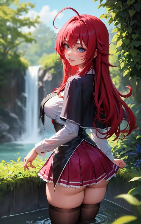 ((masterpiece, best quality)), insaneres, absurdres, solo, looking at viewer,
ANIME_DxD_Rias_Gremory_ownwaifu,
1girl, bangs, long hair, red hair, breasts, large breasts, rias gremory, blue eyes, hair between eyes, very long hair, collarbone, hair intakes, hair over breasts,
black capelet, black corset, collared shirt, kuoh academy school uniform, layered skirt, underbust, school uniform, skirt, shirt, long sleeves, purple skirt, ribbon, miniskirt, neck ribbon, thighhighs, black ribbon,
(wading, looking back), waterfall, <lora:ANIME_DxD_Rias_Gremory_ownwaifu:0.75>,
depth of field, vanishing point, garden, sidelighting,