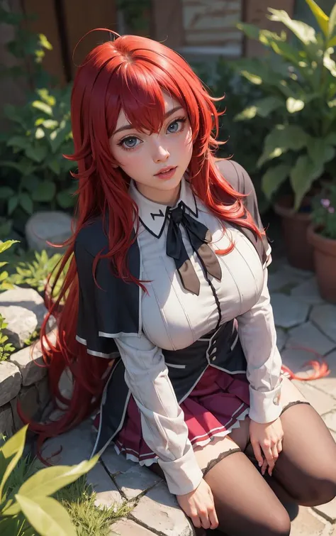 ((masterpiece, best quality)), insaneres, absurdres, solo, looking at viewer,
ANIME_DxD_Rias_Gremory_ownwaifu,
1girl, bangs, long hair, red hair, breasts, large breasts, rias gremory, blue eyes, hair between eyes, very long hair, collarbone, hair intakes, hair over breasts,
black capelet, black corset, collared shirt, kuoh academy school uniform, layered skirt, underbust, school uniform, skirt, shirt, long sleeves, purple skirt, ribbon, miniskirt, neck ribbon, thighhighs, black ribbon,
(portrait, close-up)<lora:ANIME_DxD_Rias_Gremory_ownwaifu:0.8>,
depth of field, vanishing point, garden, sidelighting,