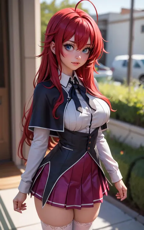 ((masterpiece, best quality)), insaneres, absurdres, solo, looking at viewer, 
ANIME_DxD_Rias_Gremory_ownwaifu, 
1girl, bangs, long hair, red hair, breasts, large breasts, rias gremory, blue eyes, hair between eyes, very long hair, collarbone, hair intakes,  hair over breasts, 
black capelet, black corset, collared shirt, kuoh academy school uniform, layered skirt, underbust, school uniform, skirt, shirt, long sleeves, purple skirt, ribbon, miniskirt, neck ribbon, thighhighs, black ribbon, 
<lora:ANIME_DxD_Rias_Gremory_ownwaifu:0.8> 
 depth of field, vanishing point, garden, sidelighting,