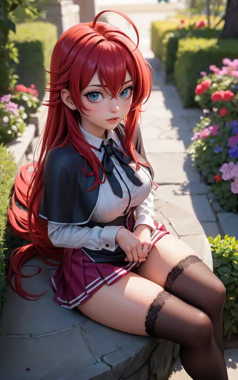 ((masterpiece, best quality)), insaneres, absurdres, solo, looking at viewer, 
ANIME_DxD_Rias_Gremory_ownwaifu, 
1girl, bangs, long hair, red hair, breasts, large breasts, rias gremory, blue eyes, hair between eyes, very long hair, collarbone, hair intakes,  hair over breasts, 
black capelet, black corset, collared shirt, kuoh academy school uniform, layered skirt, underbust, school uniform, skirt, shirt, long sleeves, purple skirt, ribbon, miniskirt, neck ribbon, thighhighs, black ribbon, 
(from above, sitting)<lora:ANIME_DxD_Rias_Gremory_ownwaifu:0.9>,
 depth of field, vanishing point, garden, sidelighting,