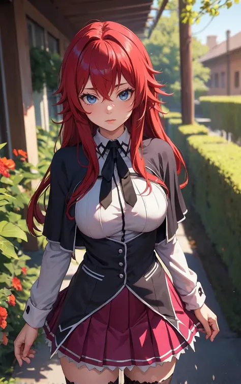 ((masterpiece, best quality)), insaneres, absurdres, solo, looking at viewer, 
ANIME_DxD_Rias_Gremory_ownwaifu, 
1girl, bangs, long hair, red hair, breasts, large breasts, rias gremory, blue eyes, hair between eyes, very long hair, collarbone, hair intakes,  hair over breasts, 
black capelet, black corset, collared shirt, kuoh academy school uniform, layered skirt, underbust, school uniform, skirt, shirt, long sleeves, purple skirt, ribbon, miniskirt, neck ribbon, thighhighs, black ribbon, 
<lora:ANIME_DxD_Rias_Gremory_ownwaifu:0.9> 
 depth of field, vanishing point, garden, sidelighting,