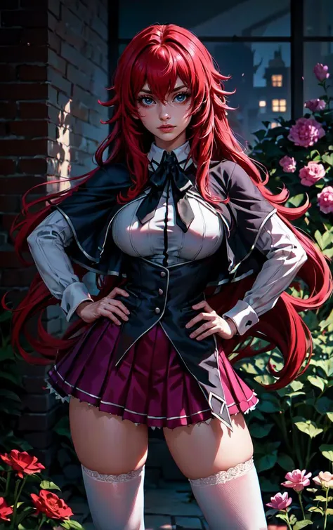 ((masterpiece, best quality)), insaneres, absurdres, solo, looking at viewer,
ANIME_DxD_Rias_Gremory_ownwaifu,
1girl, bangs, long hair, red hair, breasts, large breasts, rias gremory, blue eyes, hair between eyes, very long hair, collarbone, hair intakes, hair over breasts,
black capelet, black corset, collared shirt, kuoh academy school uniform, layered skirt, underbust, school uniform, skirt, shirt, long sleeves, purple skirt, ribbon, miniskirt, neck ribbon, thighhighs, black ribbon,
(contrapposto, hand on hip)<lora:ANIME_DxD_Rias_Gremory_ownwaifu:1>,
depth of field, vanishing point, garden, sidelighting,