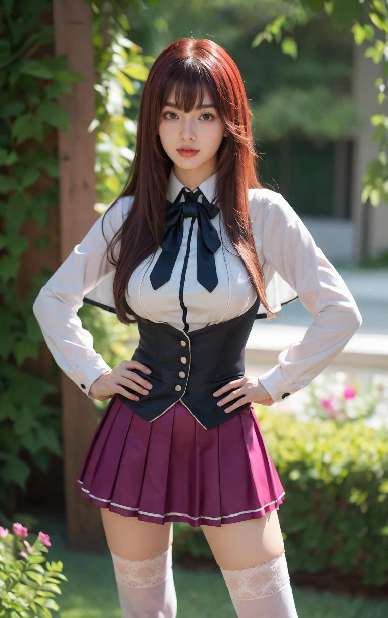 ((masterpiece, best quality)), insaneres, absurdres, solo, looking at viewer,
ANIME_DxD_Rias_Gremory_ownwaifu,
1girl, bangs, long hair, red hair, breasts, large breasts, rias gremory, blue eyes, hair between eyes, very long hair, collarbone, hair intakes, hair over breasts,
black capelet, black corset, collared shirt, kuoh academy school uniform, layered skirt, underbust, school uniform, skirt, shirt, long sleeves, purple skirt, ribbon, miniskirt, neck ribbon, thighhighs, black ribbon,
(contrapposto, hand on hip)<lora:ANIME_DxD_Rias_Gremory_ownwaifu:1>,
depth of field, vanishing point, garden, sidelighting,