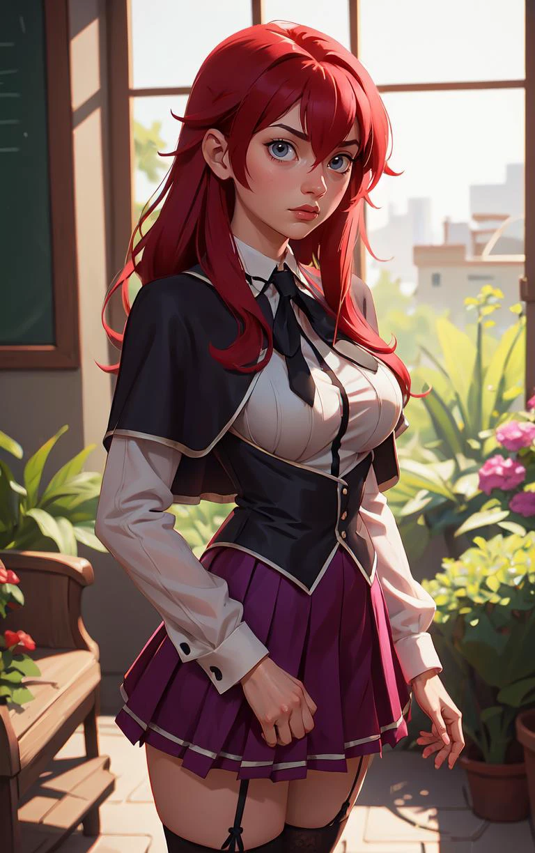 ((masterpiece, best quality)), insaneres, absurdres, solo, looking at viewer,
ANIME_DxD_Rias_Gremory_ownwaifu,
1girl, bangs, long hair, red hair, breasts, large breasts, rias gremory, blue eyes, hair between eyes, very long hair, collarbone, hair intakes, hair over breasts,
black capelet, black corset, collared shirt, kuoh academy school uniform, layered skirt, underbust, school uniform, skirt, shirt, long sleeves, purple skirt, ribbon, miniskirt, neck ribbon, thighhighs, black ribbon,
<lora:ANIME_DxD_Rias_Gremory_ownwaifu:0.8>
depth of field, vanishing point, garden, sidelighting,
