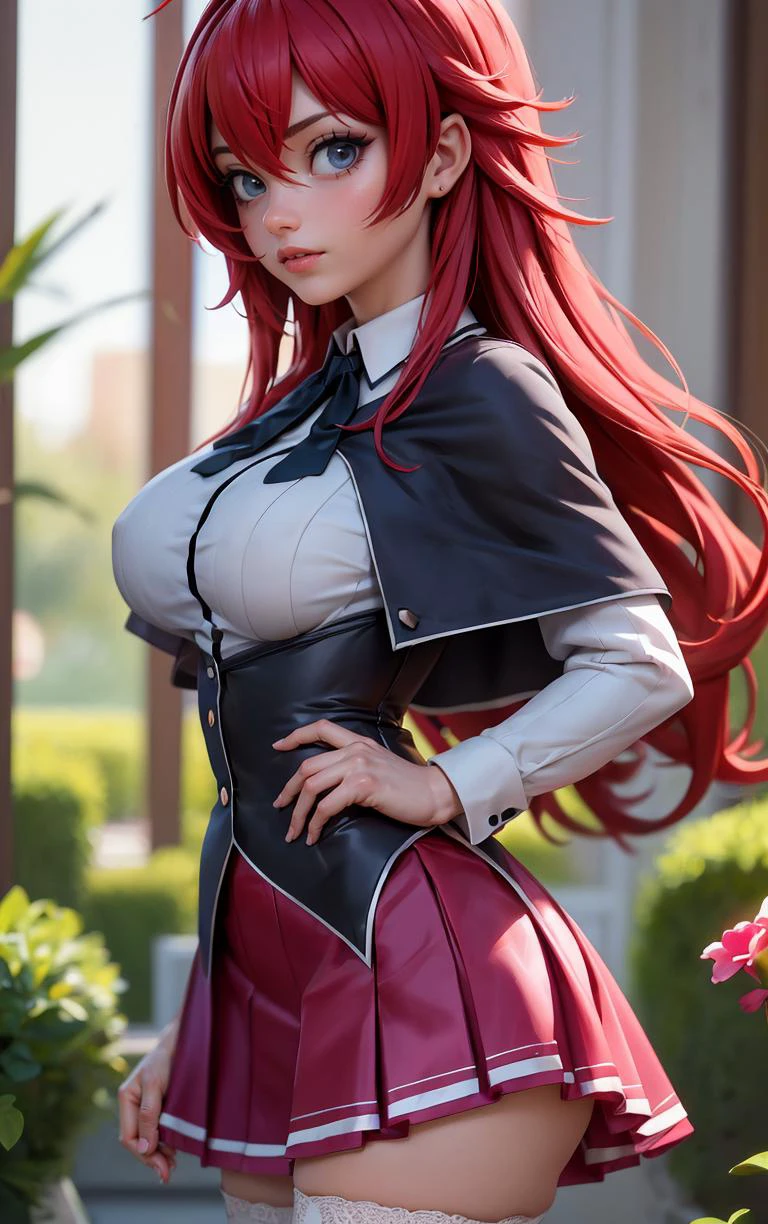 ((masterpiece, best quality)), insaneres, absurdres, solo, looking at viewer,
ANIME_DxD_Rias_Gremory_ownwaifu,
1girl, bangs, long hair, red hair, breasts, large breasts, rias gremory, blue eyes, hair between eyes, very long hair, collarbone, hair intakes, hair over breasts,
black capelet, black corset, collared shirt, kuoh academy school uniform, layered skirt, underbust, school uniform, skirt, shirt, long sleeves, purple skirt, ribbon, miniskirt, neck ribbon, thighhighs, black ribbon,
(portrait, close-up)<lora:ANIME_DxD_Rias_Gremory_ownwaifu:0.8>,
depth of field, vanishing point, garden, sidelighting,