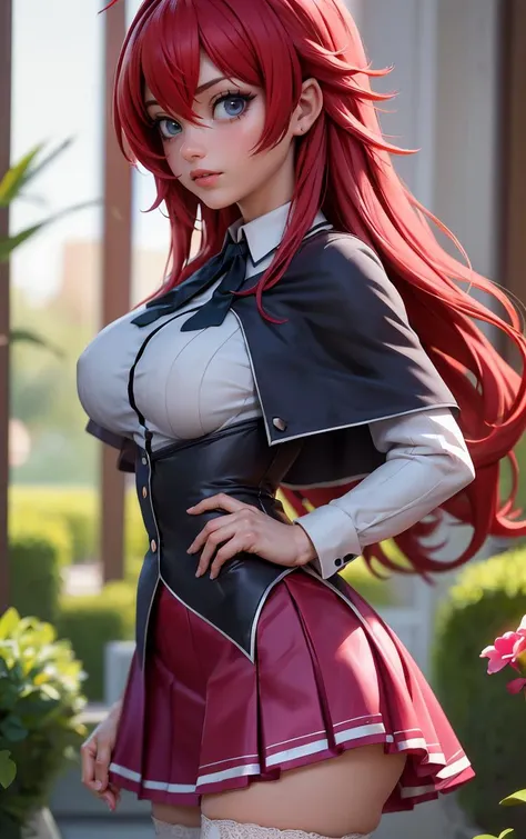 ((masterpiece, best quality)), insaneres, absurdres, solo, looking at viewer, 
ANIME_DxD_Rias_Gremory_ownwaifu, 
1girl, bangs, long hair, red hair, breasts, large breasts, rias gremory, blue eyes, hair between eyes, very long hair, collarbone, hair intakes,  hair over breasts, 
black capelet, black corset, collared shirt, kuoh academy school uniform, layered skirt, underbust, school uniform, skirt, shirt, long sleeves, purple skirt, ribbon, miniskirt, neck ribbon, thighhighs, black ribbon, 
(portrait, close-up)<lora:ANIME_DxD_Rias_Gremory_ownwaifu:0.8>,
 depth of field, vanishing point, garden, sidelighting,