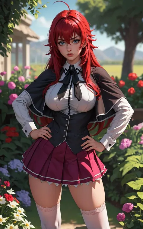 ((masterpiece, best quality)), insaneres, absurdres, solo, looking at viewer,
ANIME_DxD_Rias_Gremory_ownwaifu,
1girl, bangs, long hair, red hair, breasts, large breasts, rias gremory, blue eyes, hair between eyes, very long hair, collarbone, hair intakes, hair over breasts,
black capelet, black corset, collared shirt, kuoh academy school uniform, layered skirt, underbust, school uniform, skirt, shirt, long sleeves, purple skirt, ribbon, miniskirt, neck ribbon, thighhighs, black ribbon,
(contrapposto, hand on hip)<lora:ANIME_DxD_Rias_Gremory_ownwaifu:1>,
depth of field, vanishing point, garden, sidelighting,