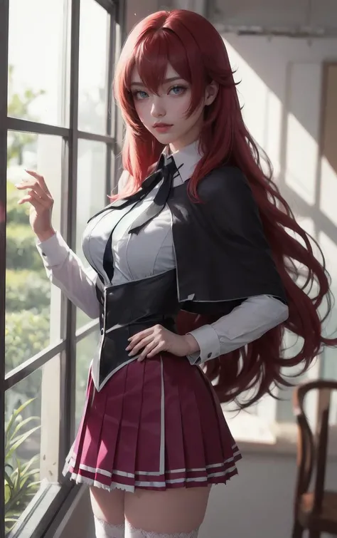 ((masterpiece, best quality)), insaneres, absurdres, solo, looking at viewer,
ANIME_DxD_Rias_Gremory_ownwaifu,
1girl, bangs, long hair, red hair, breasts, large breasts, rias gremory, blue eyes, hair between eyes, very long hair, collarbone, hair intakes, hair over breasts,
black capelet, black corset, collared shirt, kuoh academy school uniform, layered skirt, underbust, school uniform, skirt, shirt, long sleeves, purple skirt, ribbon, miniskirt, neck ribbon, thighhighs, black ribbon,
(portrait, close-up)<lora:ANIME_DxD_Rias_Gremory_ownwaifu:0.8>,
depth of field, vanishing point, garden, sidelighting,