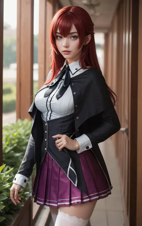 ((masterpiece, best quality)), insaneres, absurdres, solo, looking at viewer,
ANIME_DxD_Rias_Gremory_ownwaifu,
1girl, bangs, long hair, red hair, breasts, large breasts, rias gremory, blue eyes, hair between eyes, very long hair, collarbone, hair intakes, hair over breasts,
black capelet, black corset, collared shirt, kuoh academy school uniform, layered skirt, underbust, school uniform, skirt, shirt, long sleeves, purple skirt, ribbon, miniskirt, neck ribbon, thighhighs, black ribbon,
(portrait, close-up)<lora:ANIME_DxD_Rias_Gremory_ownwaifu:0.8>,
depth of field, vanishing point, garden, sidelighting,
