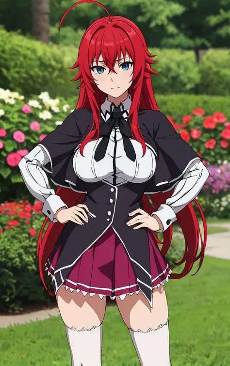((masterpiece, best quality)), insaneres, absurdres, solo, looking at viewer,
ANIME_DxD_Rias_Gremory_ownwaifu,
1girl, bangs, long hair, red hair, breasts, large breasts, rias gremory, blue eyes, hair between eyes, very long hair, collarbone, hair intakes, hair over breasts,
black capelet, black corset, collared shirt, kuoh academy school uniform, layered skirt, underbust, school uniform, skirt, shirt, long sleeves, purple skirt, ribbon, miniskirt, neck ribbon, thighhighs, black ribbon,
(contrapposto, hand on hip)<lora:ANIME_DxD_Rias_Gremory_ownwaifu:1>,
depth of field, vanishing point, garden, sidelighting,