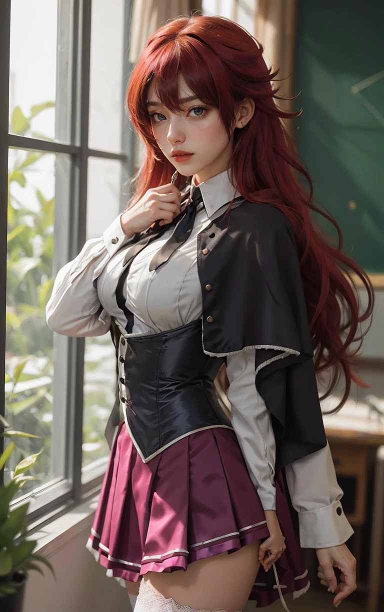 ((masterpiece, best quality)), insaneres, absurdres, solo, looking at viewer,
ANIME_DxD_Rias_Gremory_ownwaifu,
1girl, bangs, long hair, red hair, breasts, large breasts, rias gremory, blue eyes, hair between eyes, very long hair, collarbone, hair intakes, hair over breasts,
black capelet, black corset, collared shirt, kuoh academy school uniform, layered skirt, underbust, school uniform, skirt, shirt, long sleeves, purple skirt, ribbon, miniskirt, neck ribbon, thighhighs, black ribbon,
(portrait, close-up)<lora:ANIME_DxD_Rias_Gremory_ownwaifu:0.8>,
depth of field, vanishing point, garden, sidelighting,