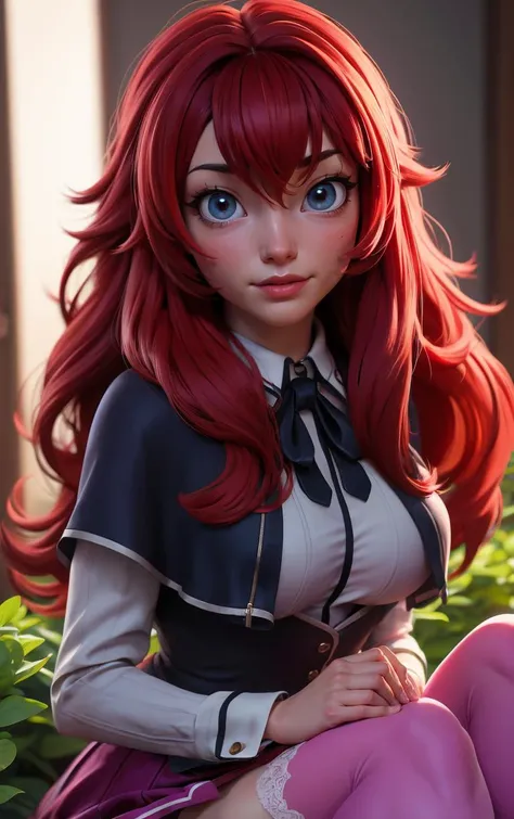 ((masterpiece, best quality)), insaneres, absurdres, solo, looking at viewer,
ANIME_DxD_Rias_Gremory_ownwaifu,
1girl, bangs, long hair, red hair, breasts, large breasts, rias gremory, blue eyes, hair between eyes, very long hair, collarbone, hair intakes, hair over breasts,
black capelet, black corset, collared shirt, kuoh academy school uniform, layered skirt, underbust, school uniform, skirt, shirt, long sleeves, purple skirt, ribbon, miniskirt, neck ribbon, thighhighs, black ribbon,
(portrait, close-up)<lora:ANIME_DxD_Rias_Gremory_ownwaifu:0.8>,
depth of field, vanishing point, garden, sidelighting,