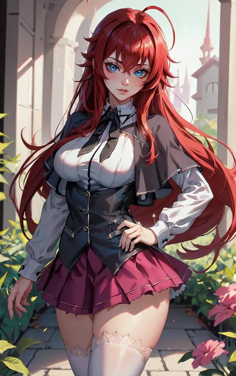 ((masterpiece, best quality)), insaneres, absurdres, solo, looking at viewer,
ANIME_DxD_Rias_Gremory_ownwaifu,
1girl, bangs, long hair, red hair, breasts, large breasts, rias gremory, blue eyes, hair between eyes, very long hair, collarbone, hair intakes, hair over breasts,
black capelet, black corset, collared shirt, kuoh academy school uniform, layered skirt, underbust, school uniform, skirt, shirt, long sleeves, purple skirt, ribbon, miniskirt, neck ribbon, thighhighs, black ribbon,
(portrait, close-up)<lora:ANIME_DxD_Rias_Gremory_ownwaifu:0.8>,
depth of field, vanishing point, garden, sidelighting,