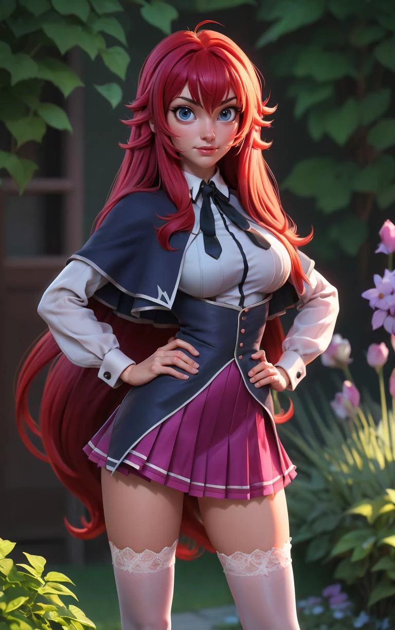((masterpiece, best quality)), insaneres, absurdres, solo, looking at viewer,
ANIME_DxD_Rias_Gremory_ownwaifu,
1girl, bangs, long hair, red hair, breasts, large breasts, rias gremory, blue eyes, hair between eyes, very long hair, collarbone, hair intakes, hair over breasts,
black capelet, black corset, collared shirt, kuoh academy school uniform, layered skirt, underbust, school uniform, skirt, shirt, long sleeves, purple skirt, ribbon, miniskirt, neck ribbon, thighhighs, black ribbon,
(contrapposto, hand on hip)<lora:ANIME_DxD_Rias_Gremory_ownwaifu:1>,
depth of field, vanishing point, garden, sidelighting,