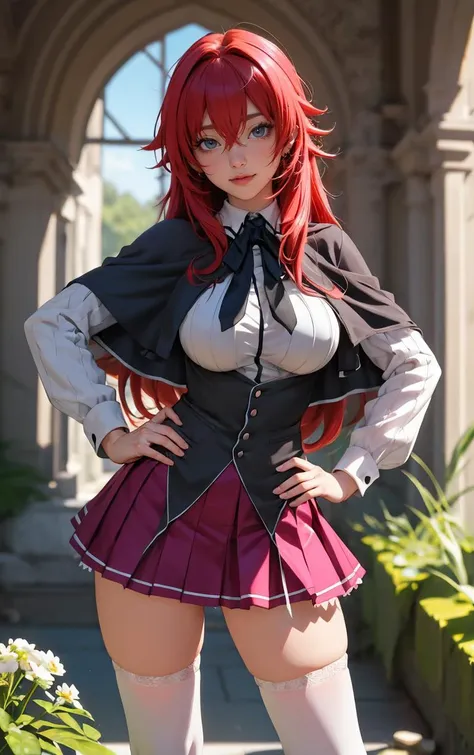 ((masterpiece, best quality)), insaneres, absurdres, solo, looking at viewer, 
ANIME_DxD_Rias_Gremory_ownwaifu, 
1girl, bangs, long hair, red hair, breasts, large breasts, rias gremory, blue eyes, hair between eyes, very long hair, collarbone, hair intakes,  hair over breasts, 
black capelet, black corset, collared shirt, kuoh academy school uniform, layered skirt, underbust, school uniform, skirt, shirt, long sleeves, purple skirt, ribbon, miniskirt, neck ribbon, thighhighs, black ribbon, 
(contrapposto, hand on hip)<lora:ANIME_DxD_Rias_Gremory_ownwaifu:1>,
 depth of field, vanishing point, garden, sidelighting,