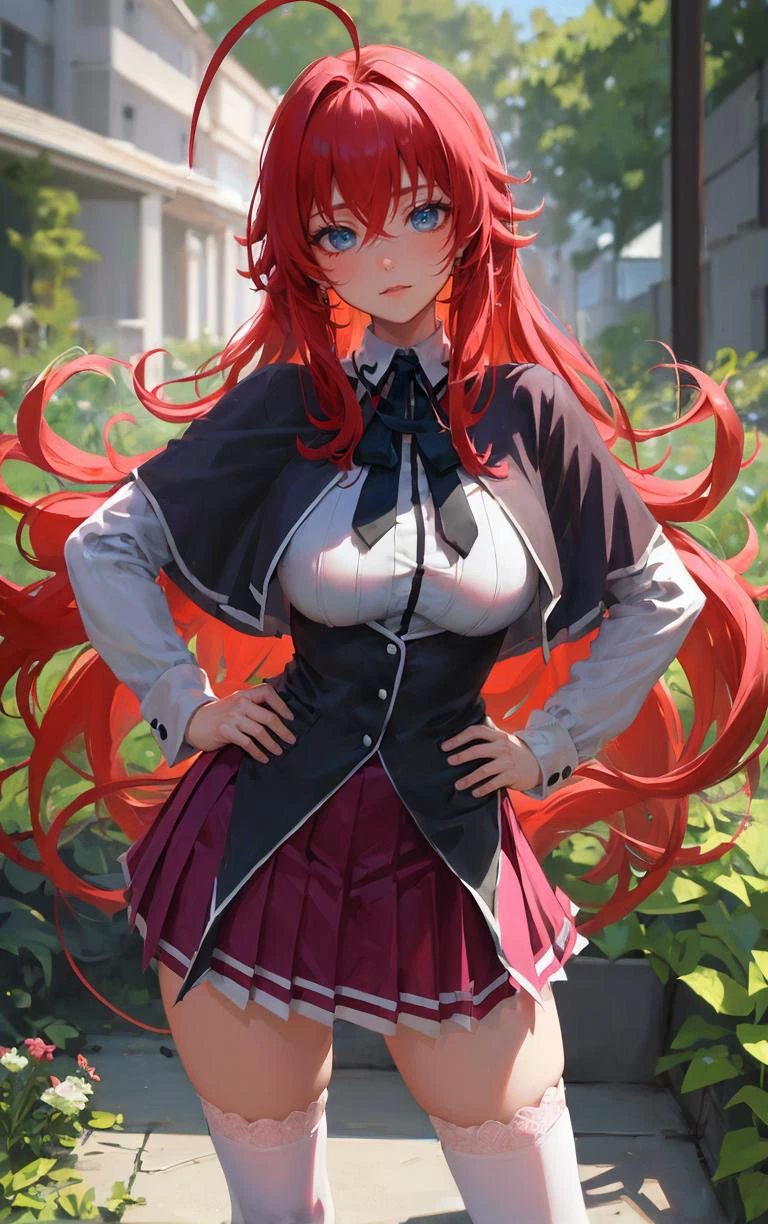 ((masterpiece, best quality)), insaneres, absurdres, solo, looking at viewer,
ANIME_DxD_Rias_Gremory_ownwaifu,
1girl, bangs, long hair, red hair, breasts, large breasts, rias gremory, blue eyes, hair between eyes, very long hair, collarbone, hair intakes, hair over breasts,
black capelet, black corset, collared shirt, kuoh academy school uniform, layered skirt, underbust, school uniform, skirt, shirt, long sleeves, purple skirt, ribbon, miniskirt, neck ribbon, thighhighs, black ribbon,
(contrapposto, hand on hip)<lora:ANIME_DxD_Rias_Gremory_ownwaifu:1>,
depth of field, vanishing point, garden, sidelighting,