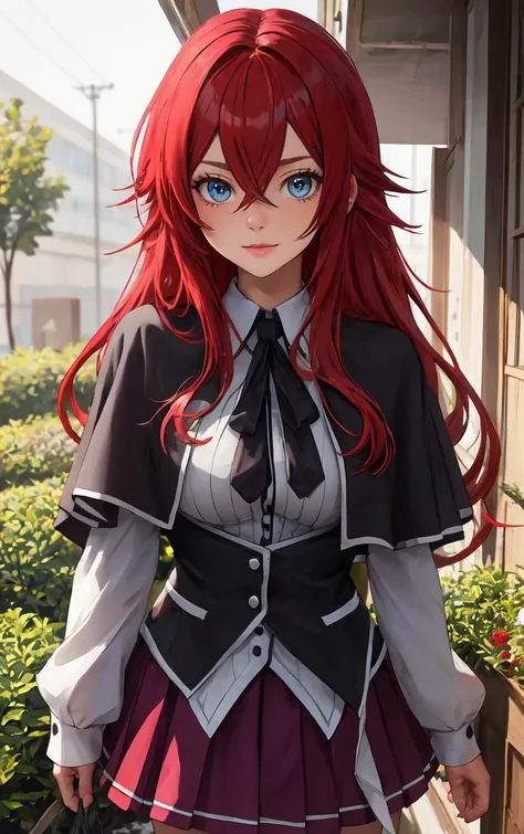 ((masterpiece, best quality)), insaneres, absurdres, solo, looking at viewer, 
ANIME_DxD_Rias_Gremory_ownwaifu, 
1girl, bangs, long hair, red hair, breasts, large breasts, rias gremory, blue eyes, hair between eyes, very long hair, collarbone, hair intakes,  hair over breasts, 
black capelet, black corset, collared shirt, kuoh academy school uniform, layered skirt, underbust, school uniform, skirt, shirt, long sleeves, purple skirt, ribbon, miniskirt, neck ribbon, thighhighs, black ribbon, 
(portrait, close-up)<lora:ANIME_DxD_Rias_Gremory_ownwaifu:0.8>,
 depth of field, vanishing point, garden, sidelighting,