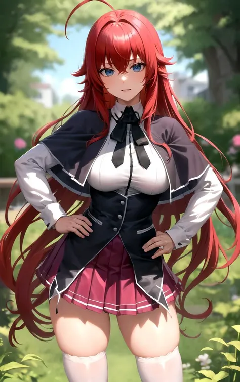 ((masterpiece, best quality)), insaneres, absurdres, solo, looking at viewer,
ANIME_DxD_Rias_Gremory_ownwaifu,
1girl, bangs, long hair, red hair, breasts, large breasts, rias gremory, blue eyes, hair between eyes, very long hair, collarbone, hair intakes, hair over breasts,
black capelet, black corset, collared shirt, kuoh academy school uniform, layered skirt, underbust, school uniform, skirt, shirt, long sleeves, purple skirt, ribbon, miniskirt, neck ribbon, thighhighs, black ribbon,
(contrapposto, hand on hip)<lora:ANIME_DxD_Rias_Gremory_ownwaifu:1>,
depth of field, vanishing point, garden, sidelighting,