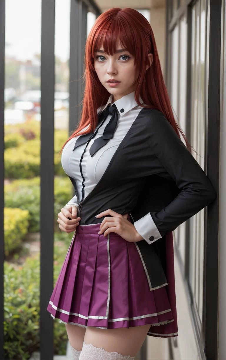 ((masterpiece, best quality)), insaneres, absurdres, solo, looking at viewer,
ANIME_DxD_Rias_Gremory_ownwaifu,
1girl, bangs, long hair, red hair, breasts, large breasts, rias gremory, blue eyes, hair between eyes, very long hair, collarbone, hair intakes, hair over breasts,
black capelet, black corset, collared shirt, kuoh academy school uniform, layered skirt, underbust, school uniform, skirt, shirt, long sleeves, purple skirt, ribbon, miniskirt, neck ribbon, thighhighs, black ribbon,
(portrait, close-up)<lora:ANIME_DxD_Rias_Gremory_ownwaifu:0.8>,
depth of field, vanishing point, garden, sidelighting,