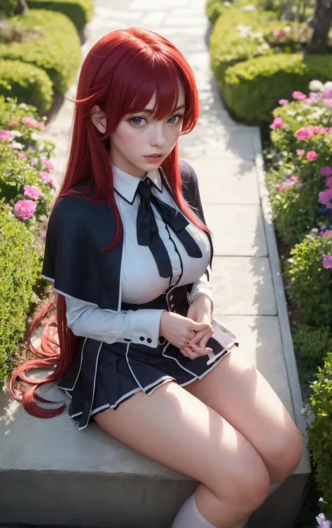 ((masterpiece, best quality)), insaneres, absurdres, solo, looking at viewer, 
ANIME_DxD_Rias_Gremory_ownwaifu, 
1girl, bangs, long hair, red hair, breasts, large breasts, rias gremory, blue eyes, hair between eyes, very long hair, collarbone, hair intakes,  hair over breasts, 
black capelet, black corset, collared shirt, kuoh academy school uniform, layered skirt, underbust, school uniform, skirt, shirt, long sleeves, purple skirt, ribbon, miniskirt, neck ribbon, thighhighs, black ribbon, 
(from above, sitting)<lora:ANIME_DxD_Rias_Gremory_ownwaifu:0.9>,
 depth of field, vanishing point, garden, sidelighting,