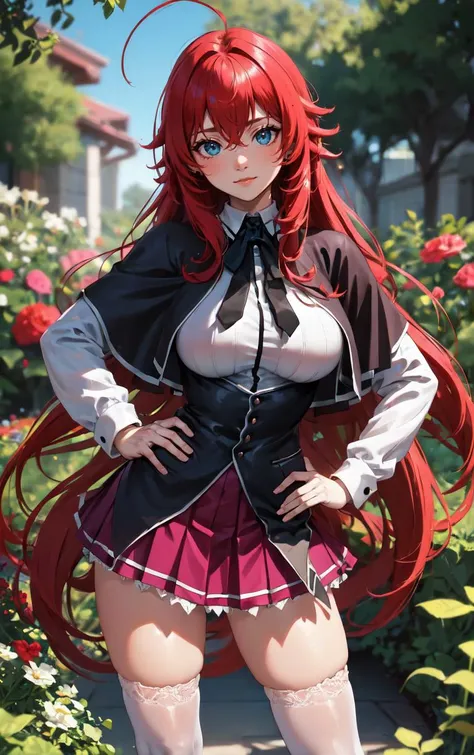 ((masterpiece, best quality)), insaneres, absurdres, solo, looking at viewer, 
ANIME_DxD_Rias_Gremory_ownwaifu, 
1girl, bangs, long hair, red hair, breasts, large breasts, rias gremory, blue eyes, hair between eyes, very long hair, collarbone, hair intakes,  hair over breasts, 
black capelet, black corset, collared shirt, kuoh academy school uniform, layered skirt, underbust, school uniform, skirt, shirt, long sleeves, purple skirt, ribbon, miniskirt, neck ribbon, thighhighs, black ribbon, 
(contrapposto, hand on hip)<lora:ANIME_DxD_Rias_Gremory_ownwaifu:1>,
 depth of field, vanishing point, garden, sidelighting,