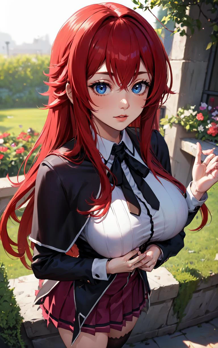 ((masterpiece, best quality)), insaneres, absurdres, solo, looking at viewer,
ANIME_DxD_Rias_Gremory_ownwaifu,
1girl, bangs, long hair, red hair, breasts, large breasts, rias gremory, blue eyes, hair between eyes, very long hair, collarbone, hair intakes, hair over breasts,
black capelet, black corset, collared shirt, kuoh academy school uniform, layered skirt, underbust, school uniform, skirt, shirt, long sleeves, purple skirt, ribbon, miniskirt, neck ribbon, thighhighs, black ribbon,
(portrait, close-up)<lora:ANIME_DxD_Rias_Gremory_ownwaifu:0.8>,
depth of field, vanishing point, garden, sidelighting,