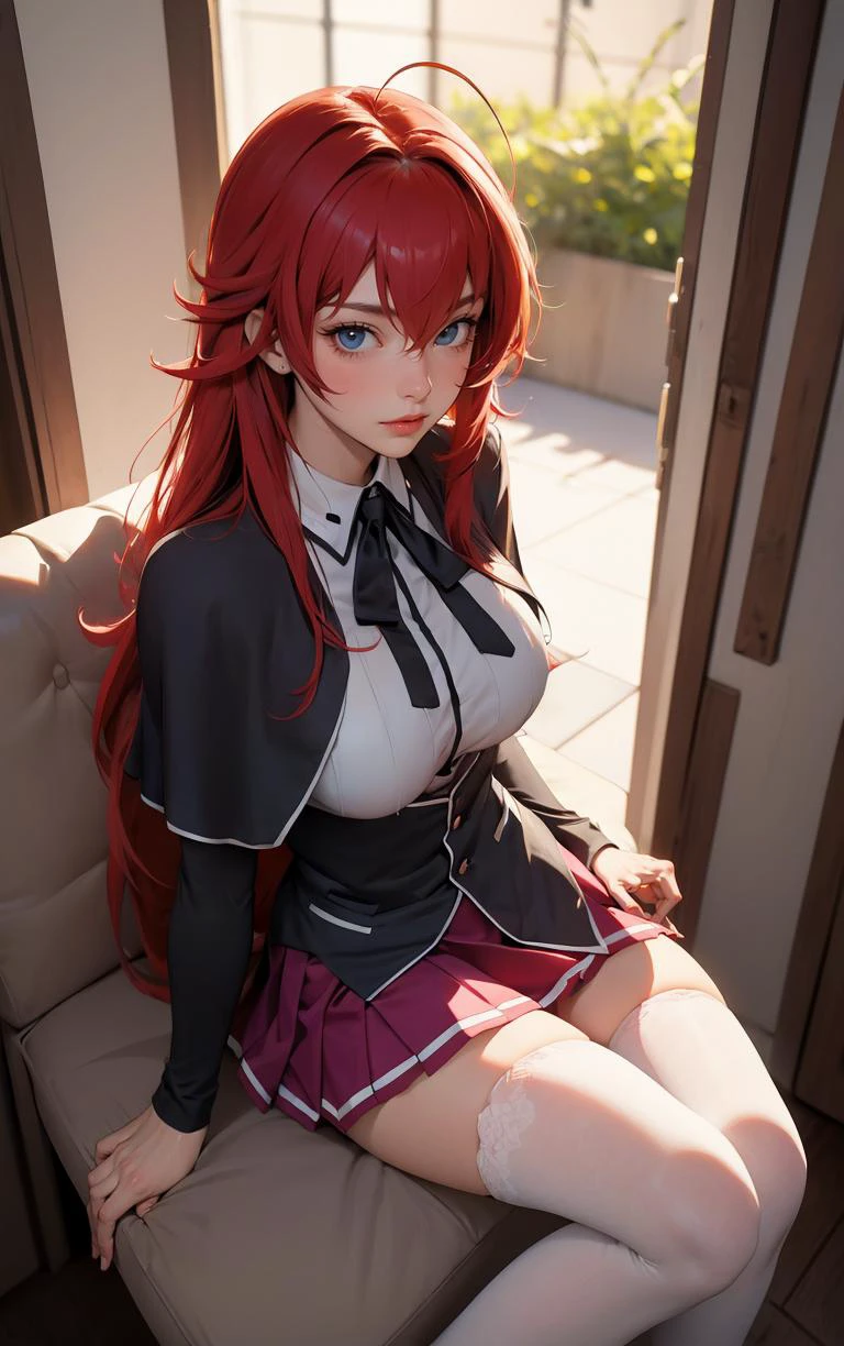 ((masterpiece, best quality)), insaneres, absurdres, solo, looking at viewer,
ANIME_DxD_Rias_Gremory_ownwaifu,
1girl, bangs, long hair, red hair, breasts, large breasts, rias gremory, blue eyes, hair between eyes, very long hair, collarbone, hair intakes, hair over breasts,
black capelet, black corset, collared shirt, kuoh academy school uniform, layered skirt, underbust, school uniform, skirt, shirt, long sleeves, purple skirt, ribbon, miniskirt, neck ribbon, thighhighs, black ribbon,
(from above, sitting)<lora:ANIME_DxD_Rias_Gremory_ownwaifu:0.9>,
depth of field, vanishing point, garden, sidelighting,
