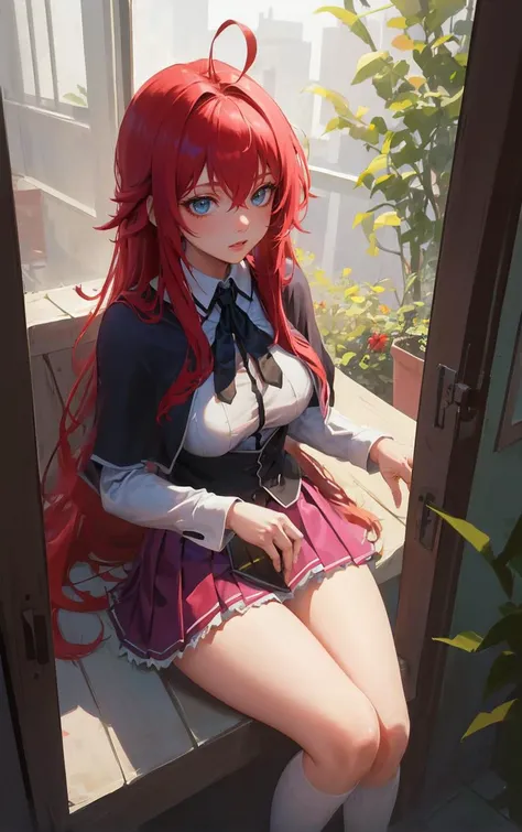 ((masterpiece, best quality)), insaneres, absurdres, solo, looking at viewer, 
ANIME_DxD_Rias_Gremory_ownwaifu, 
1girl, bangs, long hair, red hair, breasts, large breasts, rias gremory, blue eyes, hair between eyes, very long hair, collarbone, hair intakes,  hair over breasts, 
black capelet, black corset, collared shirt, kuoh academy school uniform, layered skirt, underbust, school uniform, skirt, shirt, long sleeves, purple skirt, ribbon, miniskirt, neck ribbon, thighhighs, black ribbon, 
(from above, sitting)<lora:ANIME_DxD_Rias_Gremory_ownwaifu:0.9>,
 depth of field, vanishing point, garden, sidelighting,