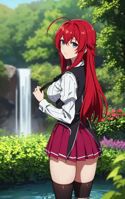 ((masterpiece, best quality)), insaneres, absurdres, solo, looking at viewer,
ANIME_DxD_Rias_Gremory_ownwaifu,
1girl, bangs, long hair, red hair, breasts, large breasts, rias gremory, blue eyes, hair between eyes, very long hair, collarbone, hair intakes, hair over breasts,
black capelet, black corset, collared shirt, kuoh academy school uniform, layered skirt, underbust, school uniform, skirt, shirt, long sleeves, purple skirt, ribbon, miniskirt, neck ribbon, thighhighs, black ribbon,
(wading, looking back), waterfall, <lora:ANIME_DxD_Rias_Gremory_ownwaifu:0.75>,
depth of field, vanishing point, garden, sidelighting,