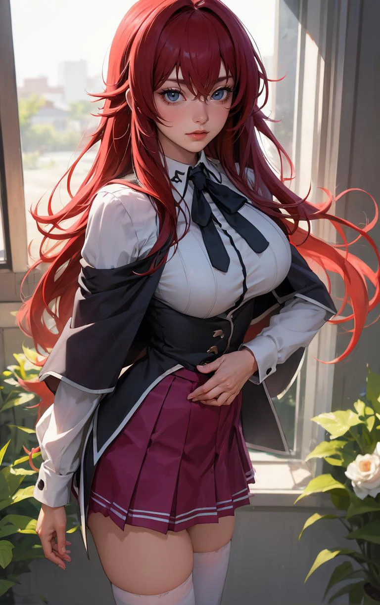 ((masterpiece, best quality)), insaneres, absurdres, solo, looking at viewer,
ANIME_DxD_Rias_Gremory_ownwaifu,
1girl, bangs, long hair, red hair, breasts, large breasts, rias gremory, blue eyes, hair between eyes, very long hair, collarbone, hair intakes, hair over breasts,
black capelet, black corset, collared shirt, kuoh academy school uniform, layered skirt, underbust, school uniform, skirt, shirt, long sleeves, purple skirt, ribbon, miniskirt, neck ribbon, thighhighs, black ribbon,
(portrait, close-up)<lora:ANIME_DxD_Rias_Gremory_ownwaifu:0.8>,
depth of field, vanishing point, garden, sidelighting,