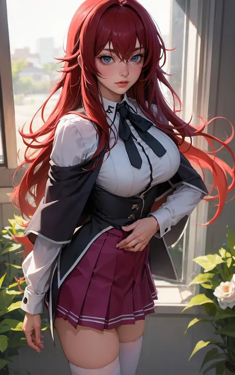 ((masterpiece, best quality)), insaneres, absurdres, solo, looking at viewer, 
ANIME_DxD_Rias_Gremory_ownwaifu, 
1girl, bangs, long hair, red hair, breasts, large breasts, rias gremory, blue eyes, hair between eyes, very long hair, collarbone, hair intakes,  hair over breasts, 
black capelet, black corset, collared shirt, kuoh academy school uniform, layered skirt, underbust, school uniform, skirt, shirt, long sleeves, purple skirt, ribbon, miniskirt, neck ribbon, thighhighs, black ribbon, 
(portrait, close-up)<lora:ANIME_DxD_Rias_Gremory_ownwaifu:0.8>,
 depth of field, vanishing point, garden, sidelighting,