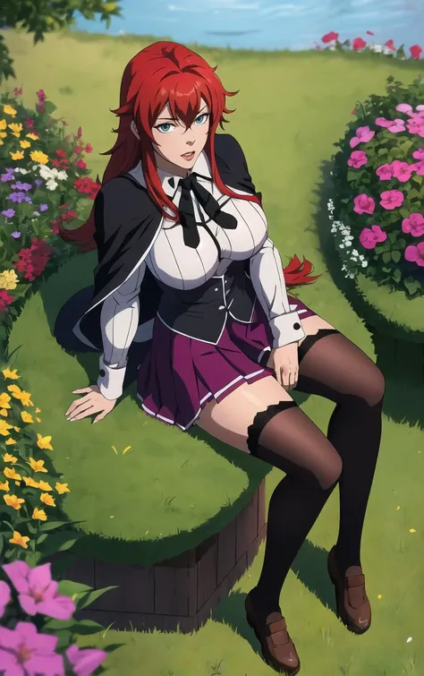 ((masterpiece, best quality)), insaneres, absurdres, solo, looking at viewer,
ANIME_DxD_Rias_Gremory_ownwaifu,
1girl, bangs, long hair, red hair, breasts, large breasts, rias gremory, blue eyes, hair between eyes, very long hair, collarbone, hair intakes, hair over breasts,
black capelet, black corset, collared shirt, kuoh academy school uniform, layered skirt, underbust, school uniform, skirt, shirt, long sleeves, purple skirt, ribbon, miniskirt, neck ribbon, thighhighs, black ribbon,
(from above, sitting)<lora:ANIME_DxD_Rias_Gremory_ownwaifu:0.9>,
depth of field, vanishing point, garden, sidelighting,