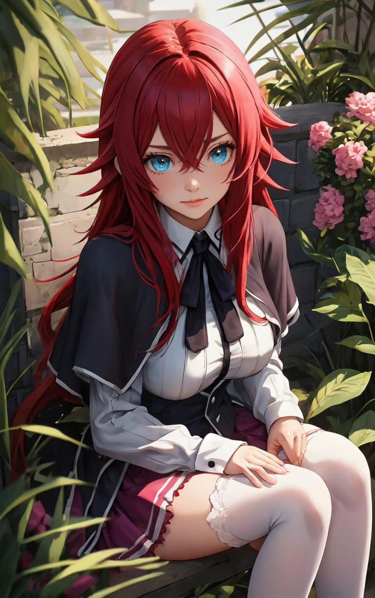 ((masterpiece, best quality)), insaneres, absurdres, solo, looking at viewer,
ANIME_DxD_Rias_Gremory_ownwaifu,
1girl, bangs, long hair, red hair, breasts, large breasts, rias gremory, blue eyes, hair between eyes, very long hair, collarbone, hair intakes, hair over breasts,
black capelet, black corset, collared shirt, kuoh academy school uniform, layered skirt, underbust, school uniform, skirt, shirt, long sleeves, purple skirt, ribbon, miniskirt, neck ribbon, thighhighs, black ribbon,
(from above, sitting)<lora:ANIME_DxD_Rias_Gremory_ownwaifu:0.9>,
depth of field, vanishing point, garden, sidelighting,