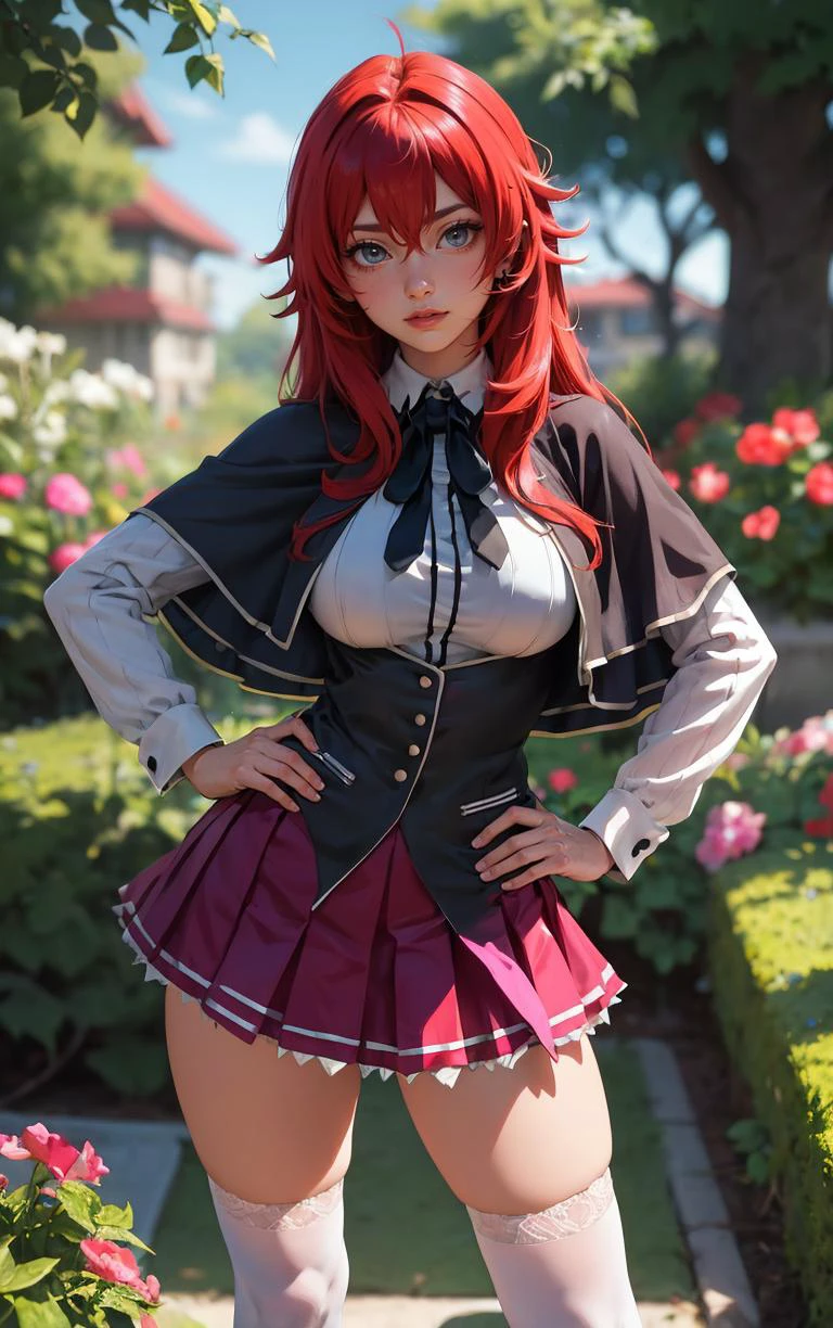 ((masterpiece, best quality)), insaneres, absurdres, solo, looking at viewer,
ANIME_DxD_Rias_Gremory_ownwaifu,
1girl, bangs, long hair, red hair, breasts, large breasts, rias gremory, blue eyes, hair between eyes, very long hair, collarbone, hair intakes, hair over breasts,
black capelet, black corset, collared shirt, kuoh academy school uniform, layered skirt, underbust, school uniform, skirt, shirt, long sleeves, purple skirt, ribbon, miniskirt, neck ribbon, thighhighs, black ribbon,
(contrapposto, hand on hip)<lora:ANIME_DxD_Rias_Gremory_ownwaifu:1>,
depth of field, vanishing point, garden, sidelighting,
